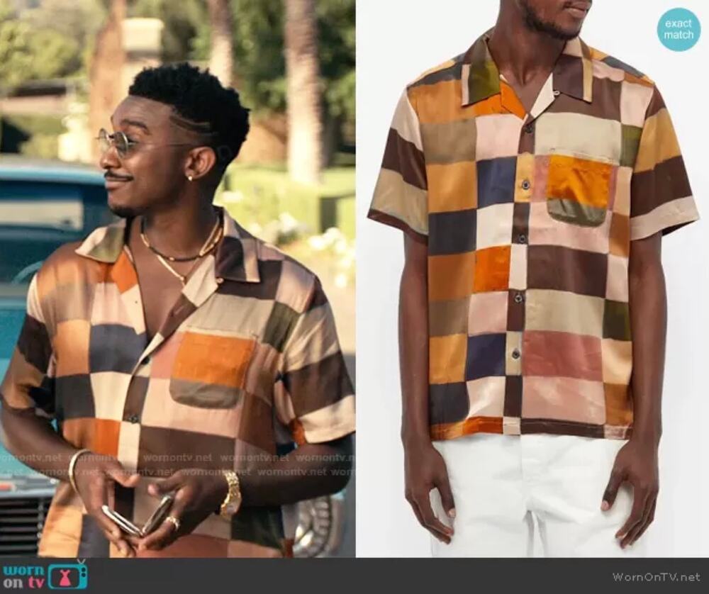 Stussy Brown Multicolor Painted Check Silk Short Sleeve Button Up Shirt Size S